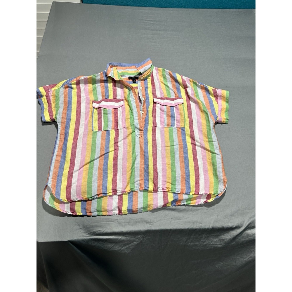 J.Crew Rainbow Candy Stripe Popover Short Sleeve Shirt Top Blouse 16 Linen Blend